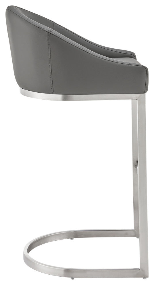 Atherik Counter Stool, Brushed Stainless Steel With Faux Leather, Gray