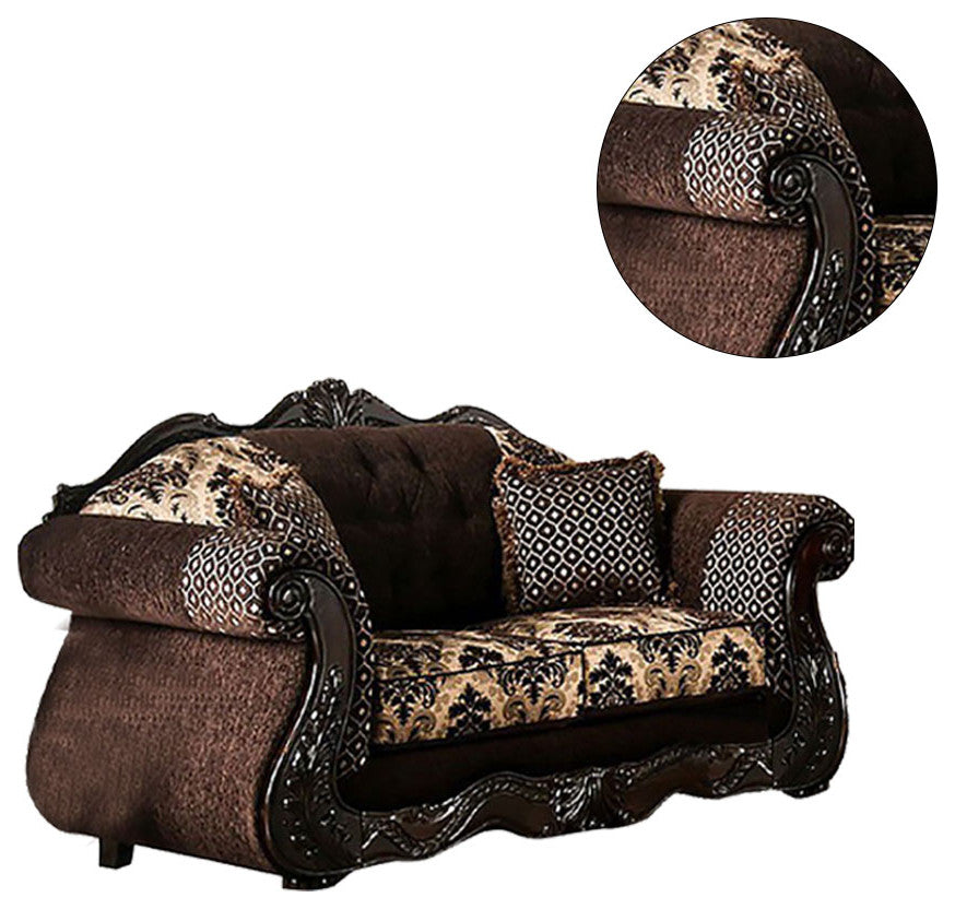 Chenille Love Seat with Button Tufting Design, Dark Brown