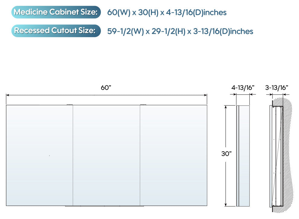 Recessed/Surface Mount Bathroom Medicine Cabinet, Soft-Close Blum Hinges, 60"x30" Three Doors