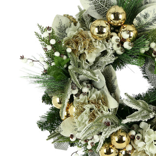 28" Hydrangea Holiday Wreath with Snowy Leaves