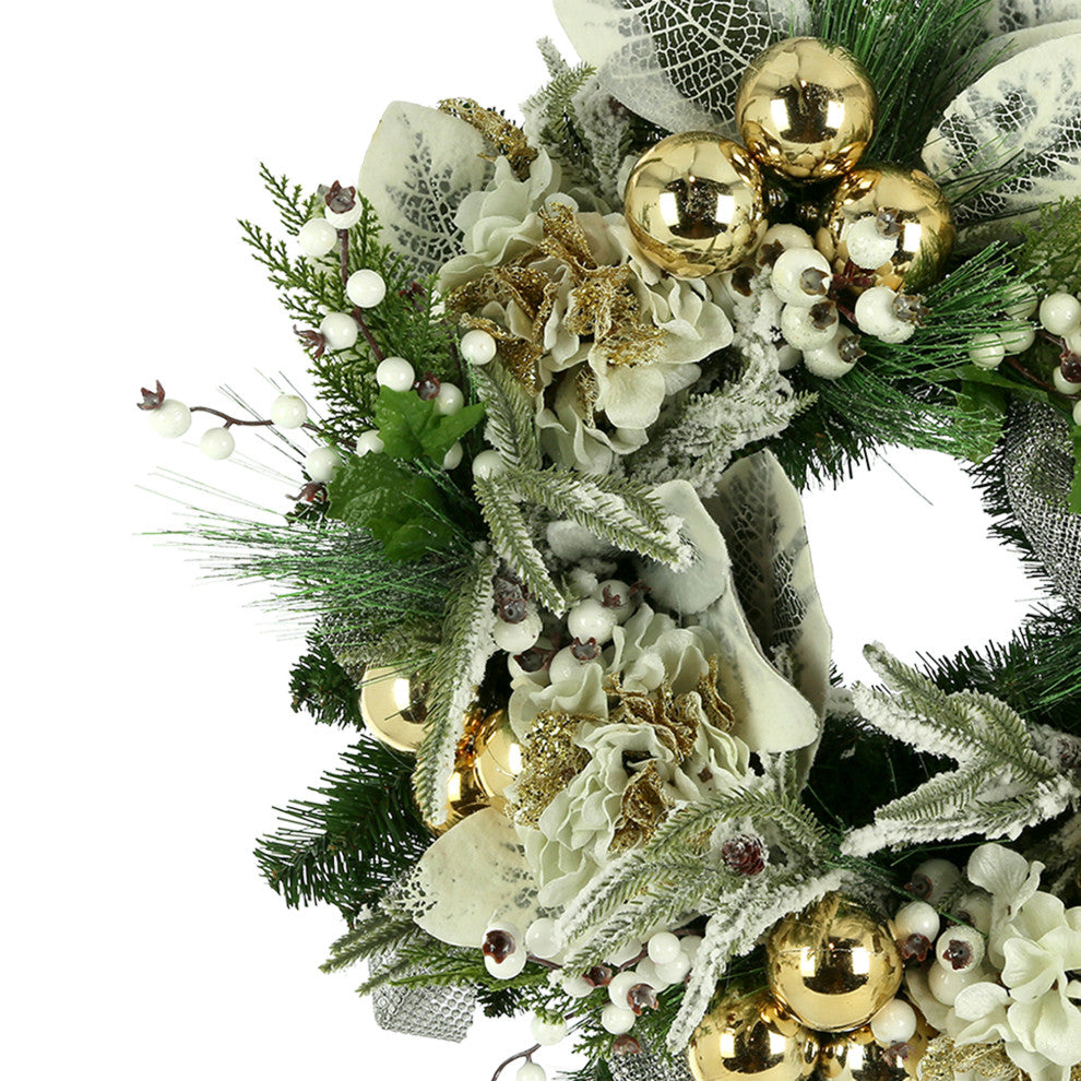 28" Hydrangea Holiday Wreath with Snowy Leaves