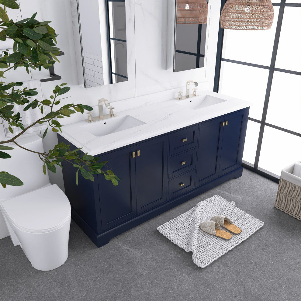 60/72" Plywood Freestanding Bath Vanity Set, Drawer and Ceramic Sink, Navy Blue, 72 Inch