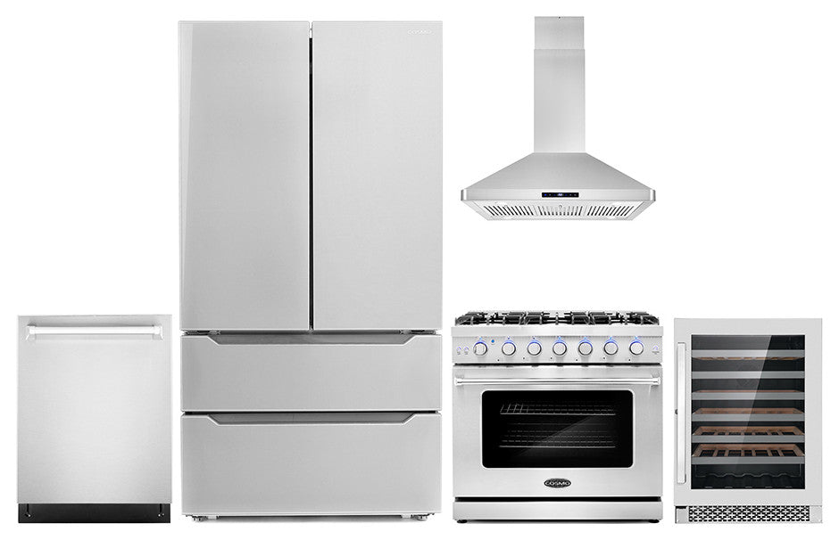 5-Piece Kitchen, 36" Freestanding Gas Range and 36" Island Range Hood