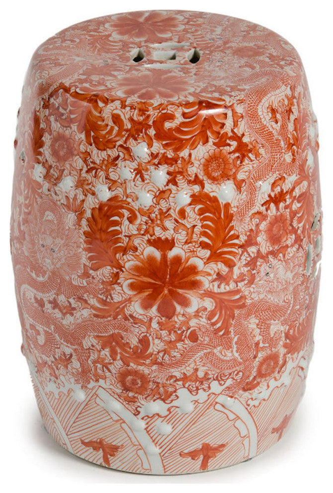 Orange Porcelain Garden Stool W/ Dragon Motif
