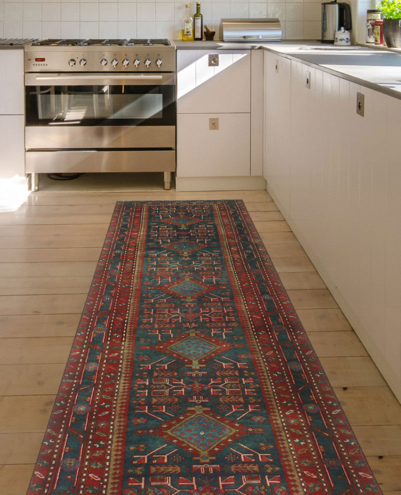 Fine Vintage Distressed Clarissa Navy/Red Runner, 3'7x13'5
