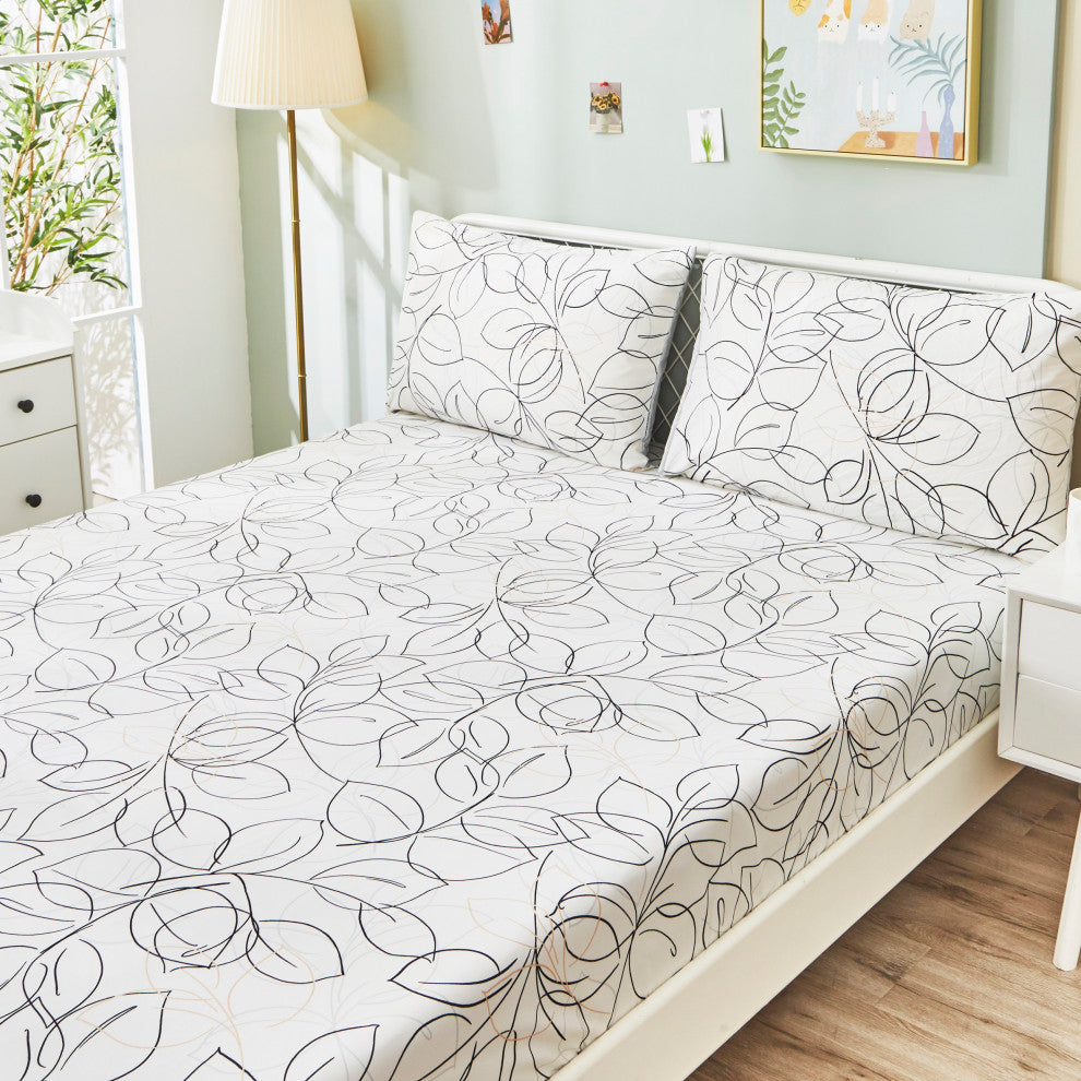 Tache Modern Leaf Foliage Abstract White Grey Black Bottom Fitted Sheet, Twin