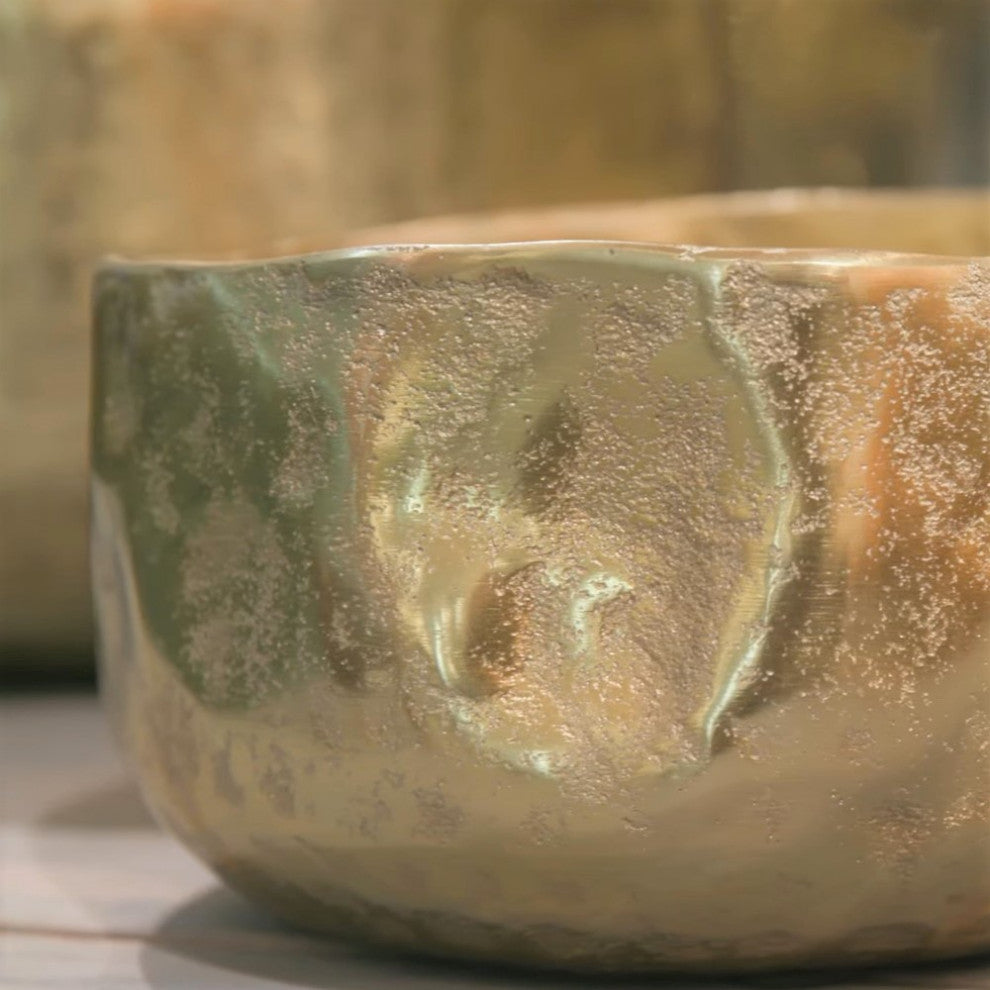 Set of 2 Elegant Free Form Textured Gold Planters Cachepots Round Organic Shape
