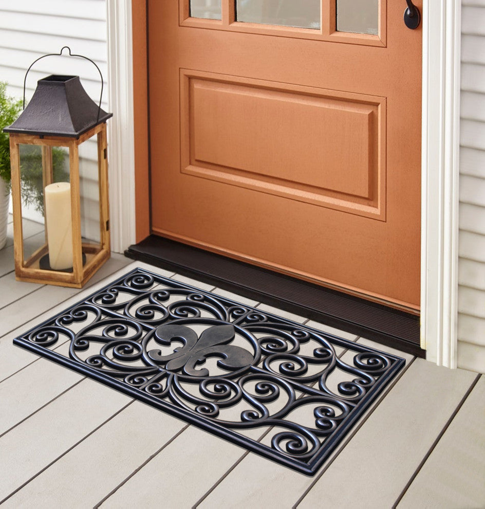 Outdoor Mat, Natural Rubber, 18"x30" Heavy Duty Doormat, Bronze Fleur-De-Lis