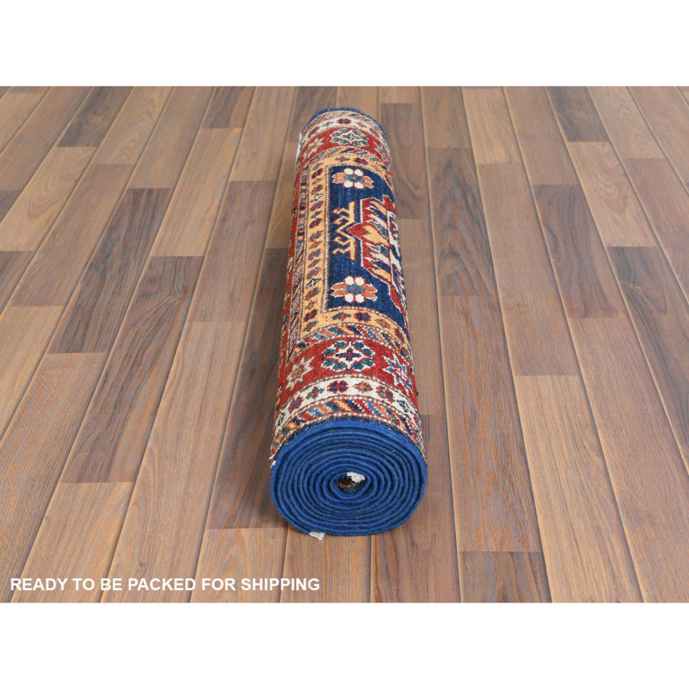 Shiny Wool Hand Knotted Navy Blue Afghan Super Kazak Runner Rug, 2'10" x 11'0"