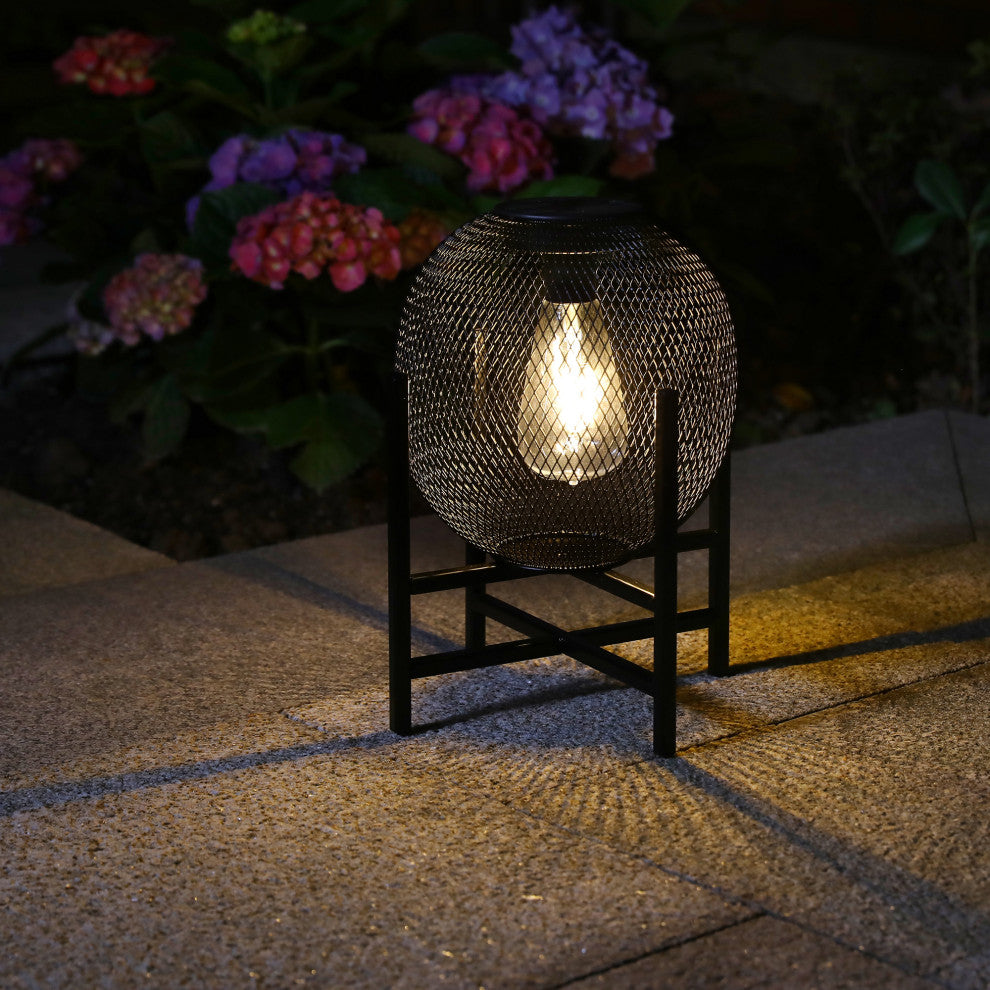 11.5"H Metal Mesh Black Solar Powered Outdoor Lantern With Stand