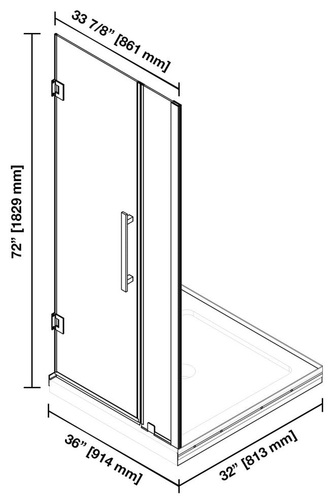 Panama Alcove Frameless Pivot Hinge Shower Door Kit With Base Pan, 2025, Black, 36x32"