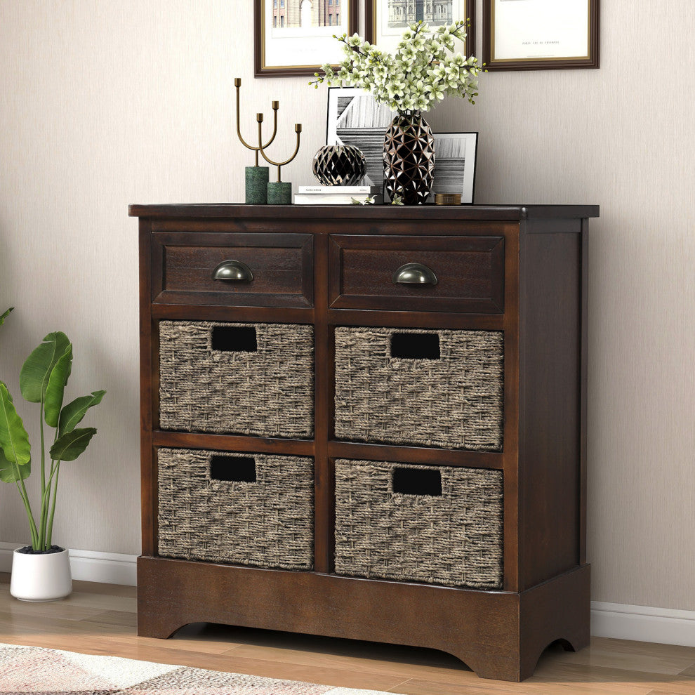 28" Wood 2 Drawers Storage Cabinet with 4 Rattan Basket, Espresso, 28" Tall