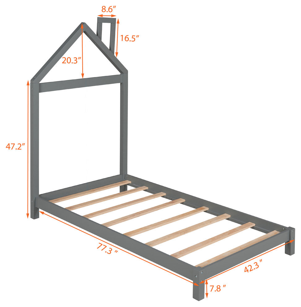 Gewnee  Wood Twin Platform Bed with House Shaped Headboard in Gray
