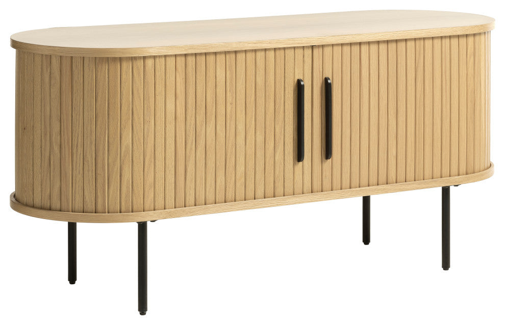 Mid-Century Modern Rounded Sliding Door TV Lowboard, Natural Oak, 47"