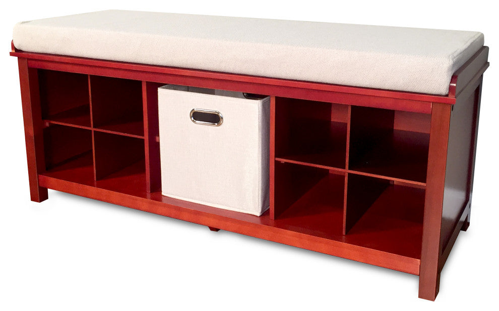 Solid Wood Entry Bench with 1 Bin and 2 Shoe Dividers, Red Mahogany