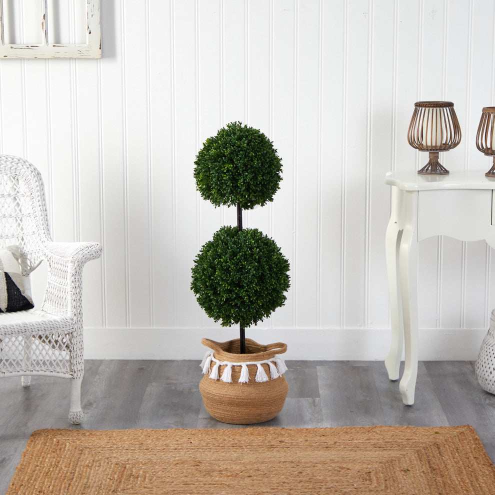 3.5' Boxwood Double Ball Faux Topiary Tree Handmade Woven Planter W/Tassels