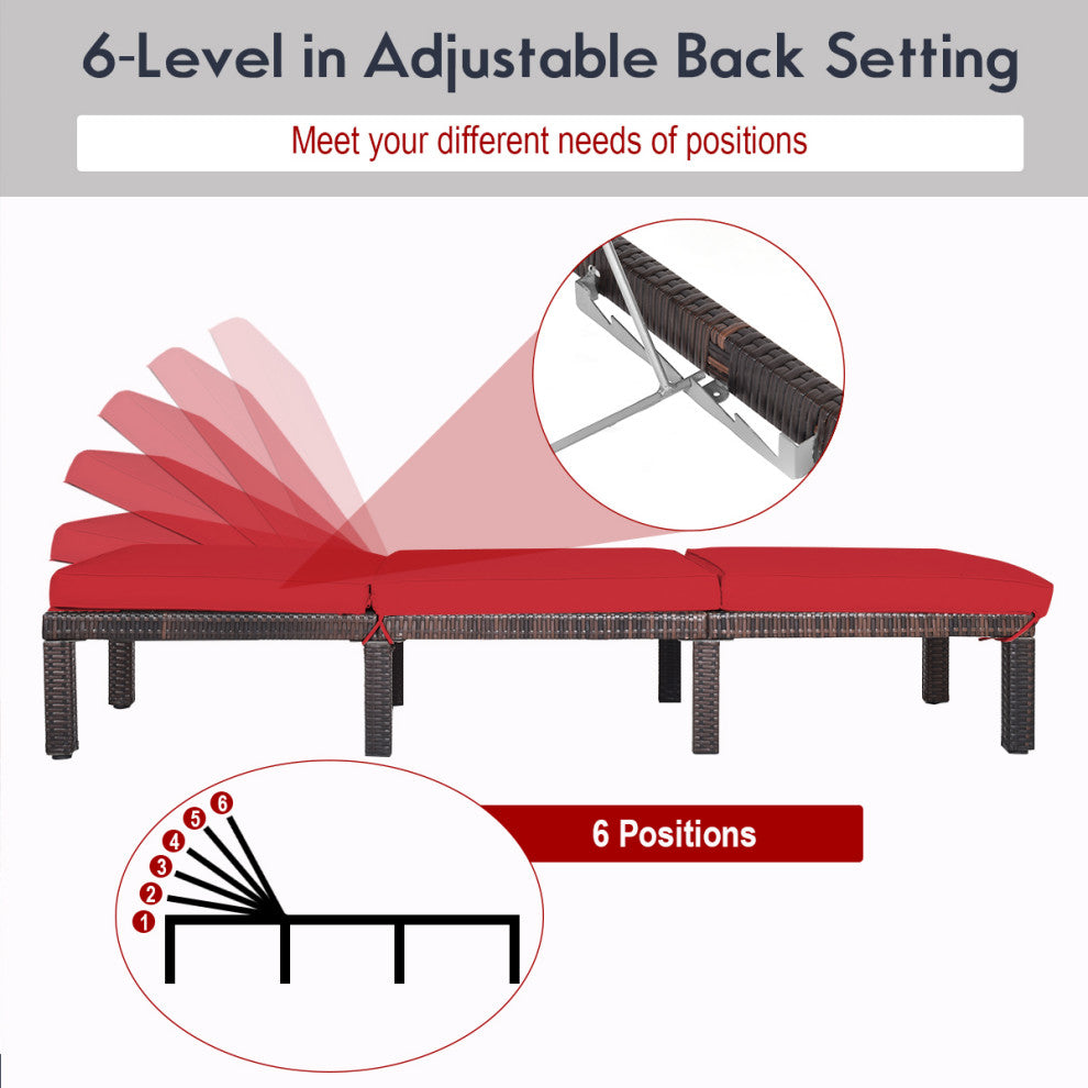 Costway 2PCS Rattan Lounge Chair Chaise Recliner Adjustable Cushioned Red