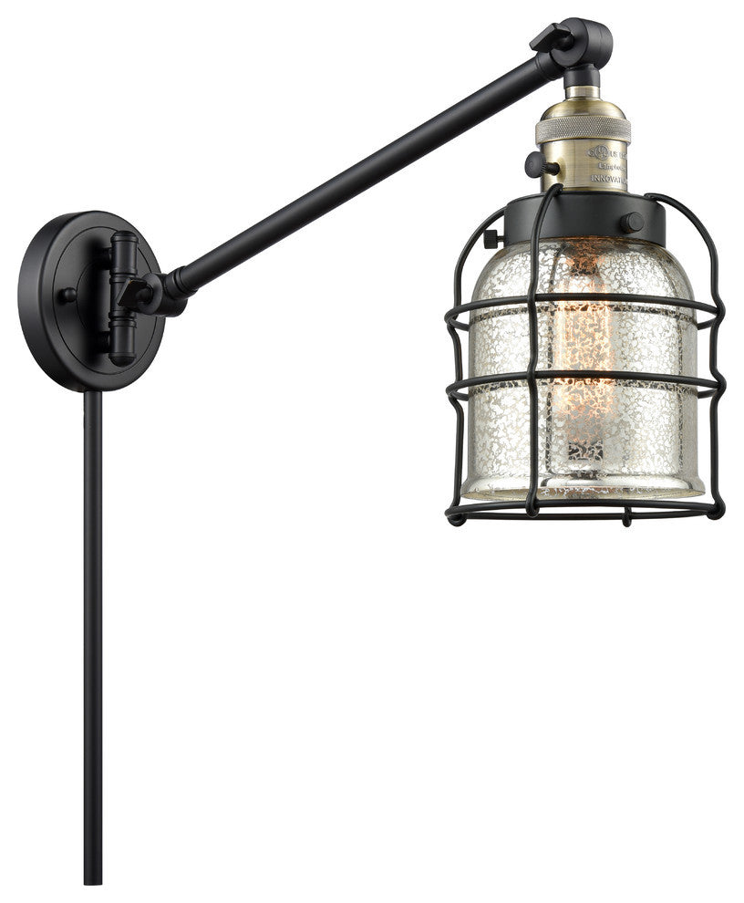 Small Bell Cage 1-Light Swing Arm, Black Antique Brass, Silver Plated Mercury