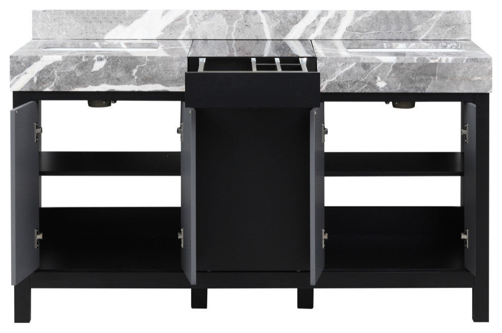 60" Double Vanity, Castle Gray Marble Tops, And White Square Sinks