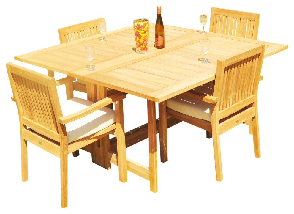 5-Piece Outdoor Teak Set: 60" Square Butterfly Table, 4 Leveb Stacking Arm Chair