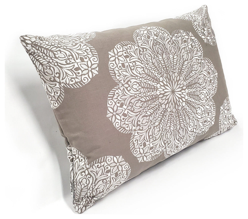 Mancini Medallion Embroidered 16x24 Throw Pillow, Dark Taupe and Silver