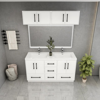 Victoria 60" Solid Wood Vanity Double Sink, Overhead Cabinet, Glossy White