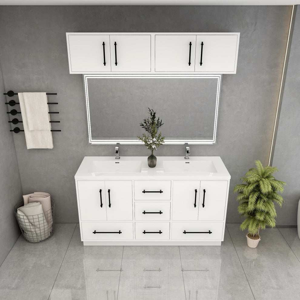 Victoria 60" Solid Wood Vanity Double Sink, Overhead Cabinet, Glossy White