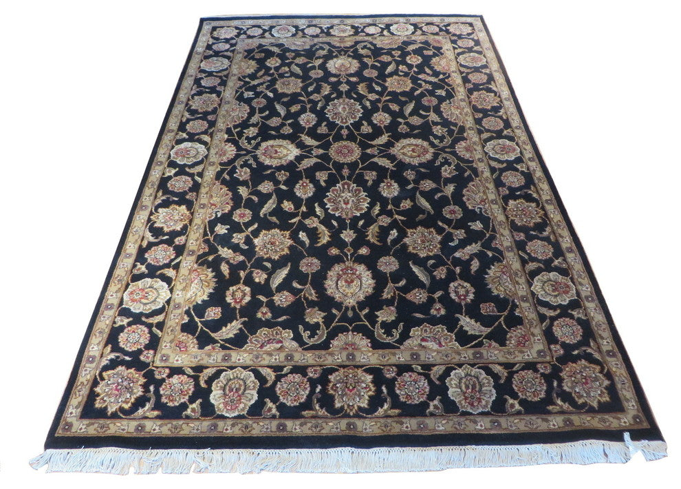 Hand-Knotted Black Tabrez With Silk Oriental Rug, 6x9