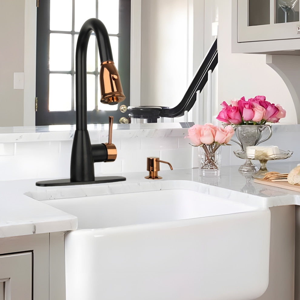 Pull Down Kitchen Faucet With Deck Plate, Two-Tone Matte Black and Rose Gold
