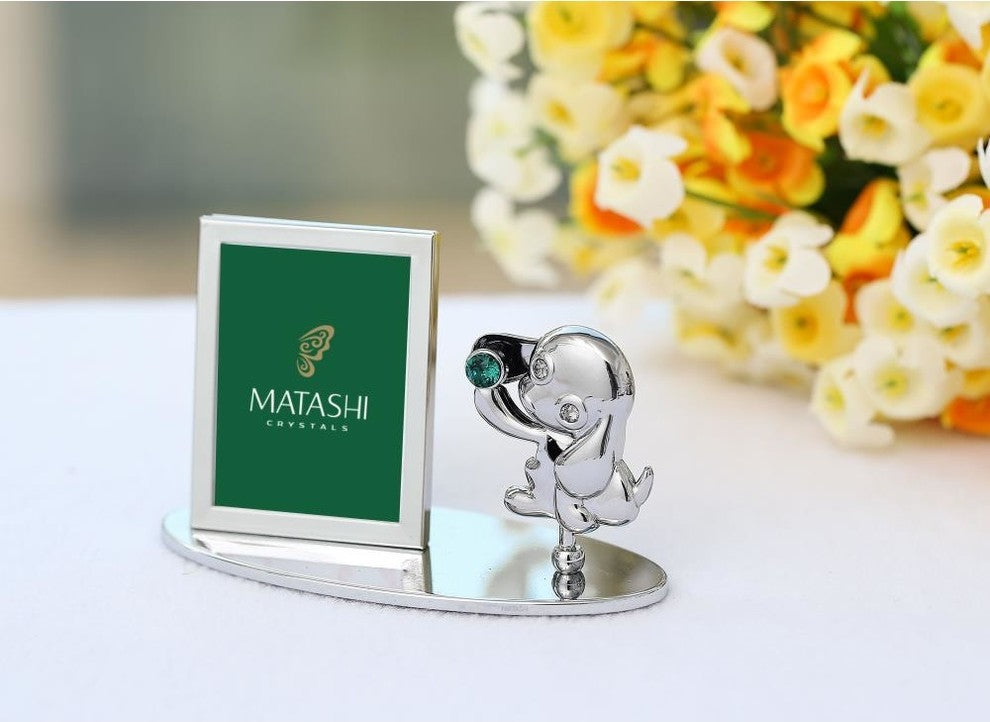 2018 Year of the Dog Chrome Plated Silver Puppy Picture Frame w/ Green Crystal