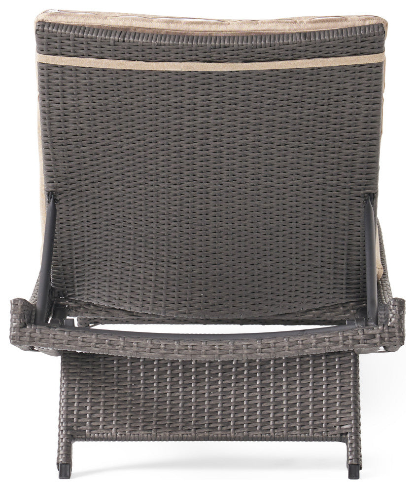 GDF Studio Nassau Outdoor Gray Wicker Chaise Lounge, Textured Beige Cushion