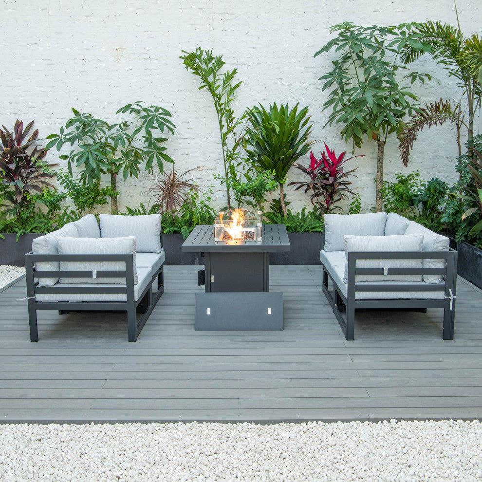 Chelsea 5-Piece Sectional Loveseat and Fire Pit Table Set, Light Grey