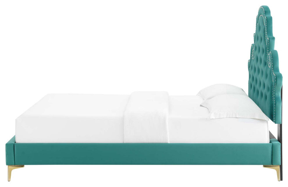 Tufted Platform Bed Frame, Twin Size, Velvet, Teal Blue, Modern Contemporary