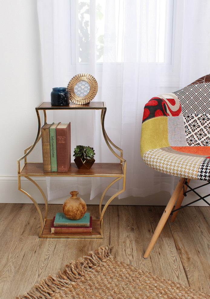 Liara Floating 3 Shelves, Walnut Wood and Gold
