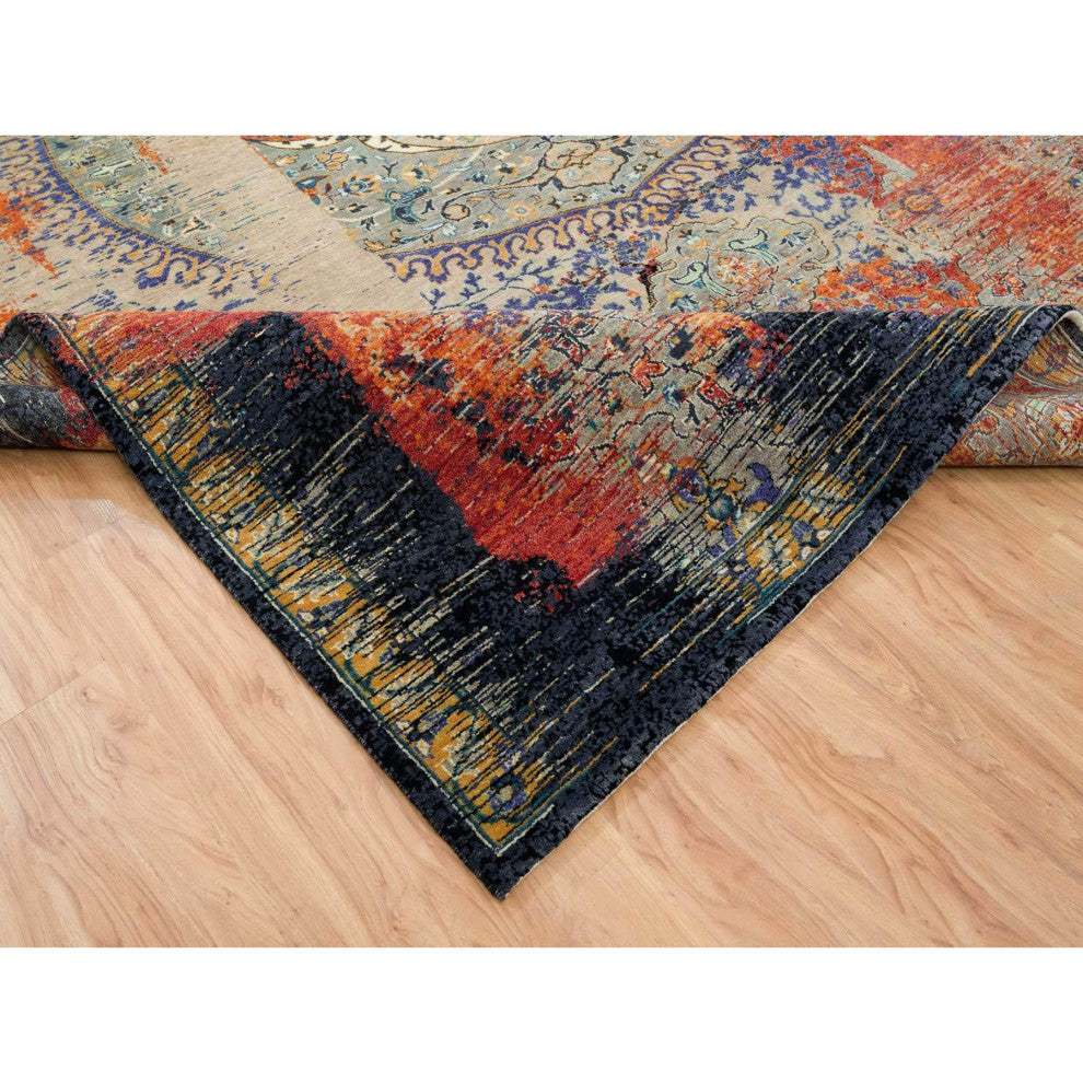 Rust Red Ancient Ottoman Erased Design Hand Knotted Wool Rug, 10'2"x14'3"