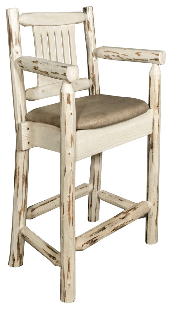 Montana Captain's Bar Stool, Buckskin Upholstery, Clear Lacquer Finish