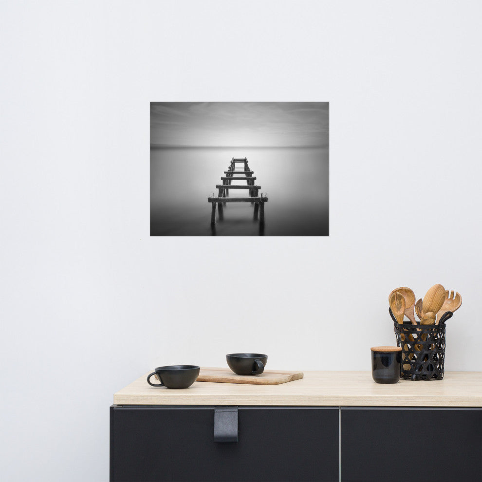 Soft Lake & Abandoned Pier Black & White Landscape Photo Loose Wall Art Print, 18" X 24"