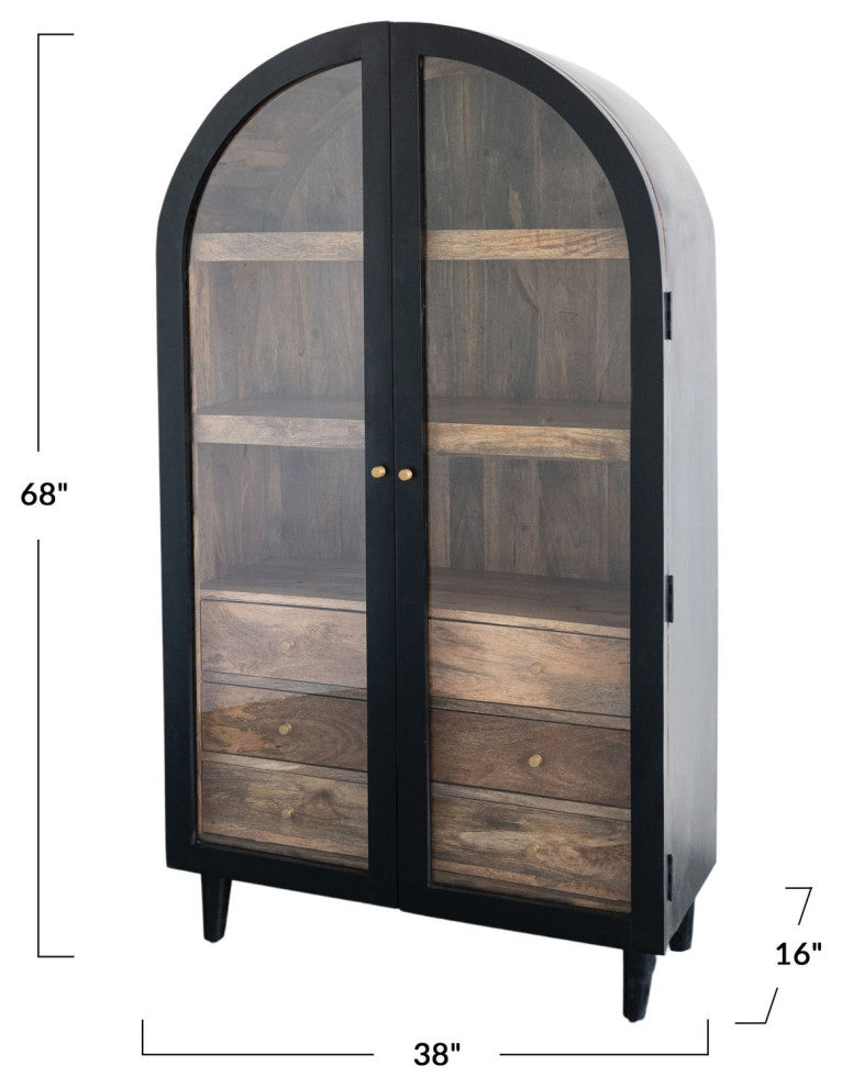 Arched Mango Wood Cabinet With 3 Shelves and 6 Drawers, Black and Natural