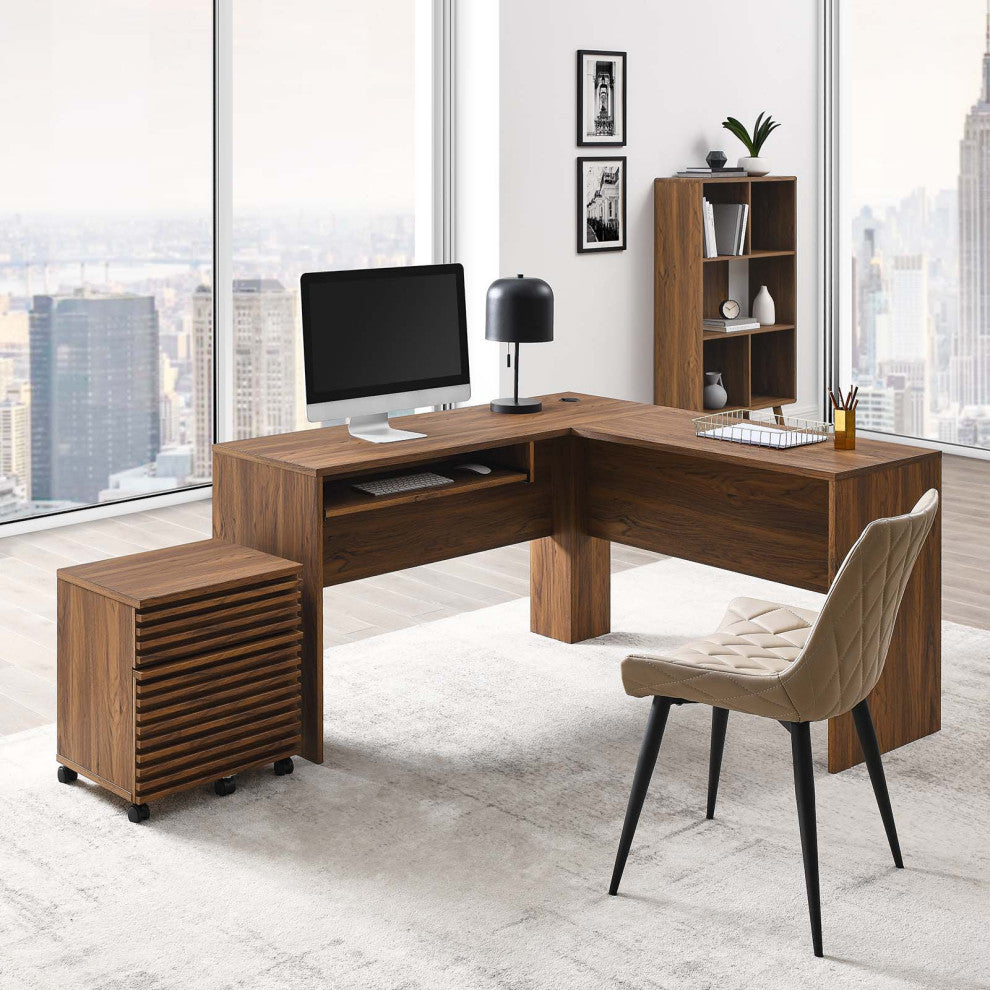 Computer Work Desk, Walnut, Wood, Modern, Mid Century Home Business Office