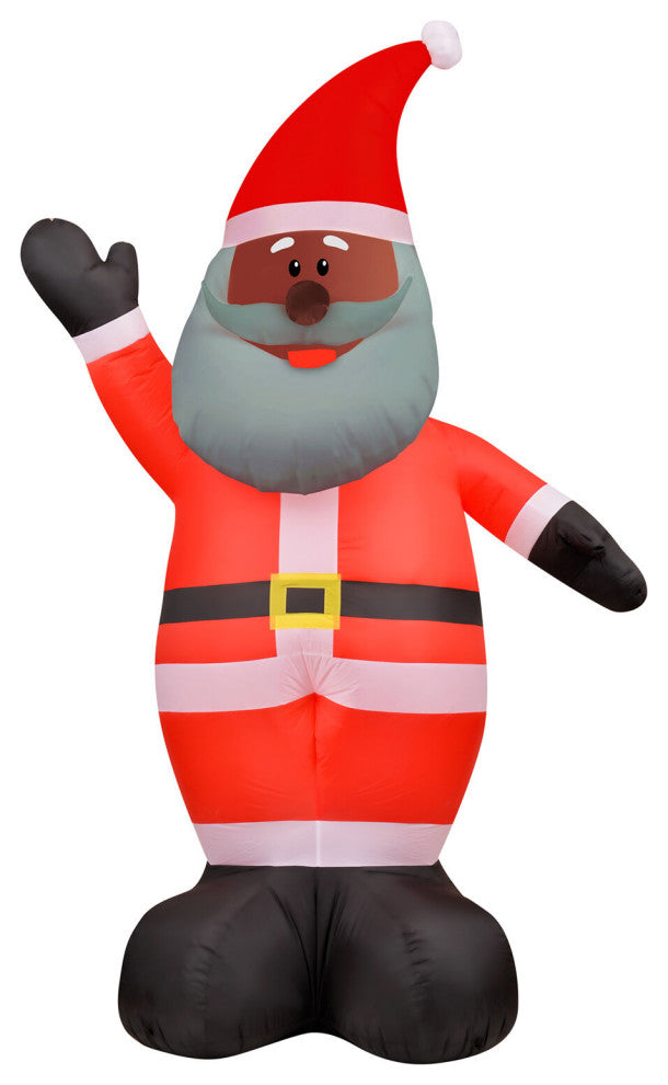 12' Tall African American Santa Claus, Prelit Inflatable With Storage Bag