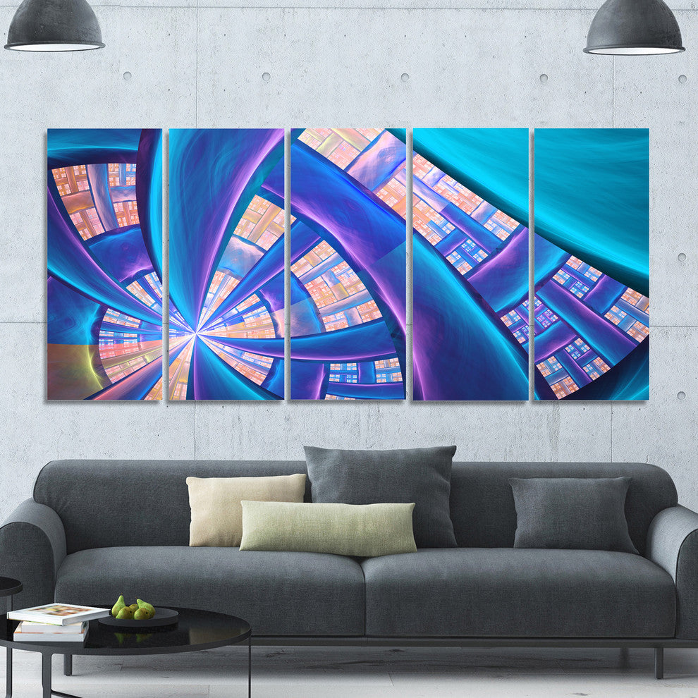 Blue Yellow Fractal Stained Glass, Abstract Canvas Art Print, 60"x28", 5 Panels