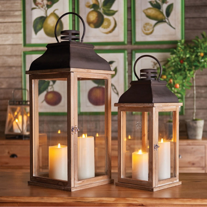 Classic Farmhouse Candle Lantern Set of 2 Large Wood Rust Iron Traditional