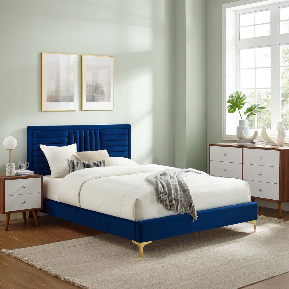 Sofia Channel Tufted Performance Velvet Twin Platform Bed, Navy