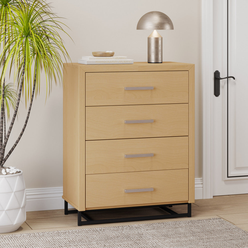 GDF Studio Modern 4-Drawer Wood Dresser With Iron Base, Natural/Black