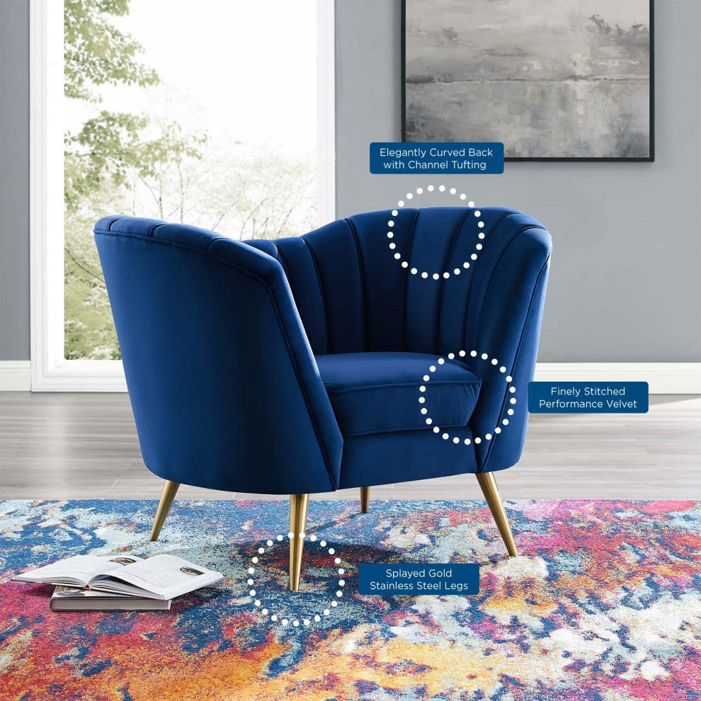 Armchair Accent Chair, Velvet, Blue Navy, Modern, Living Lounge Hospitality