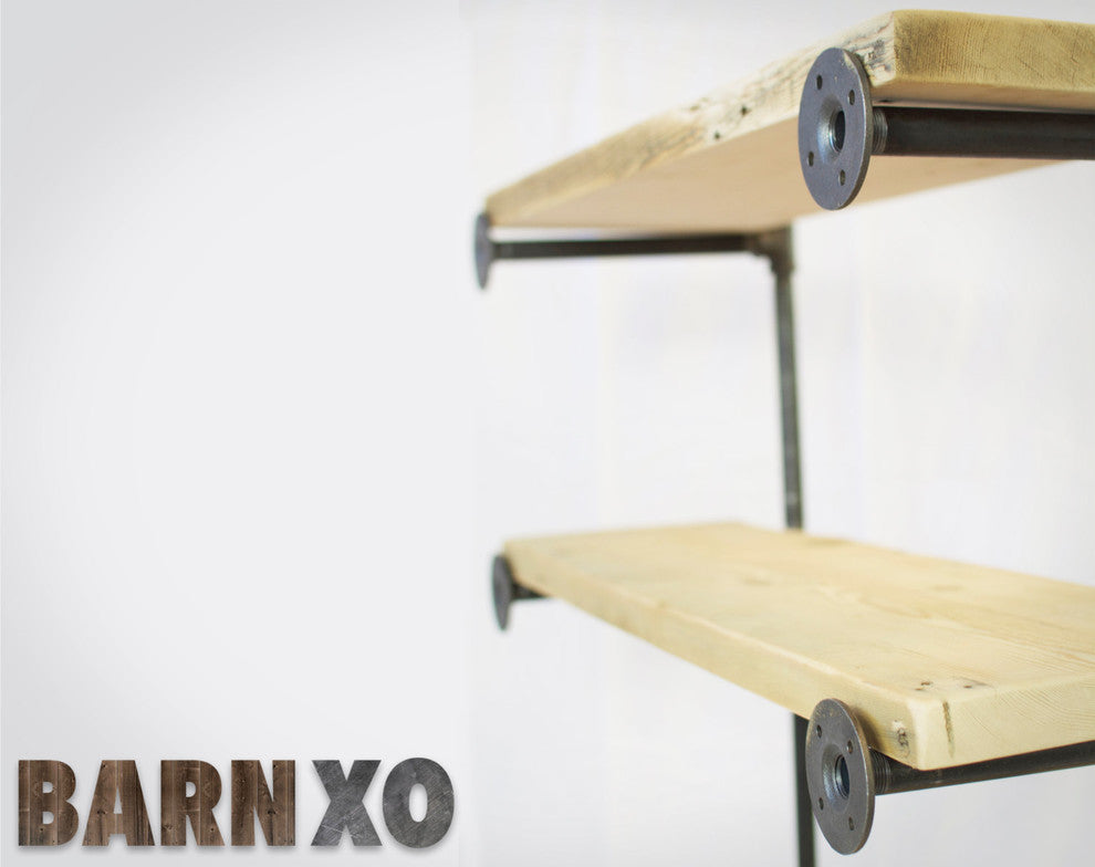 Salvaged Wooden Desk, Built, In Shelving Unit, Pipe Legs, 30x60x30, Natural Wood