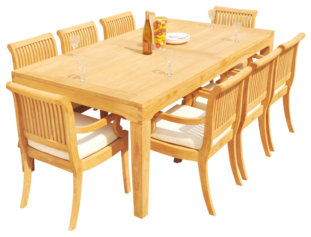 9-Piece Outdoor Teak Dining Set: 122" Rectangle Extn Table, 8 Giva Arm Chairs