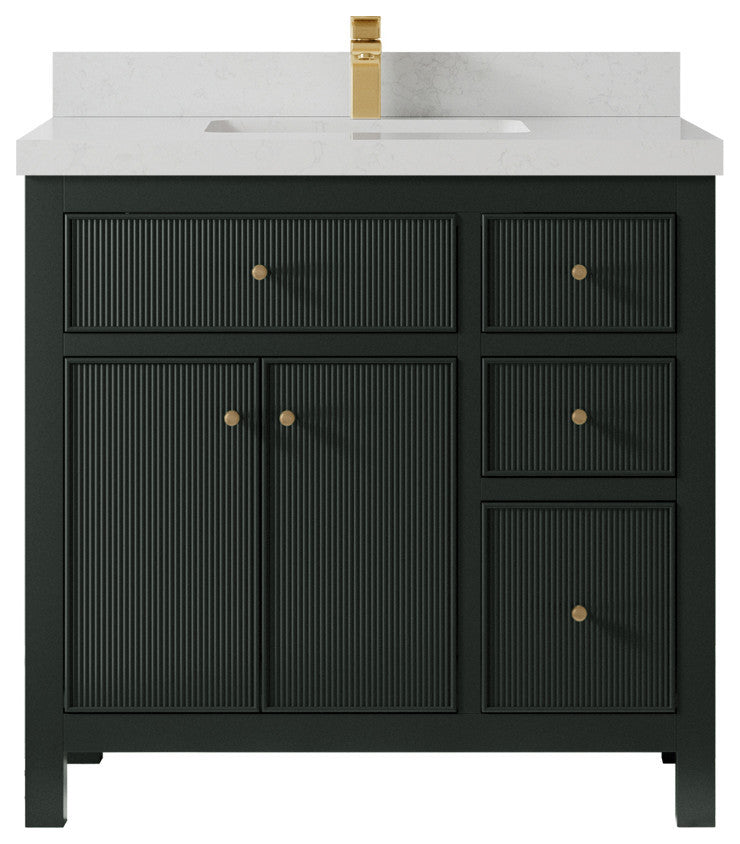 Sonoma 36 Center Sink Reeded Bath Vanity in Dark Forest Green 2" Carrara Quartz
