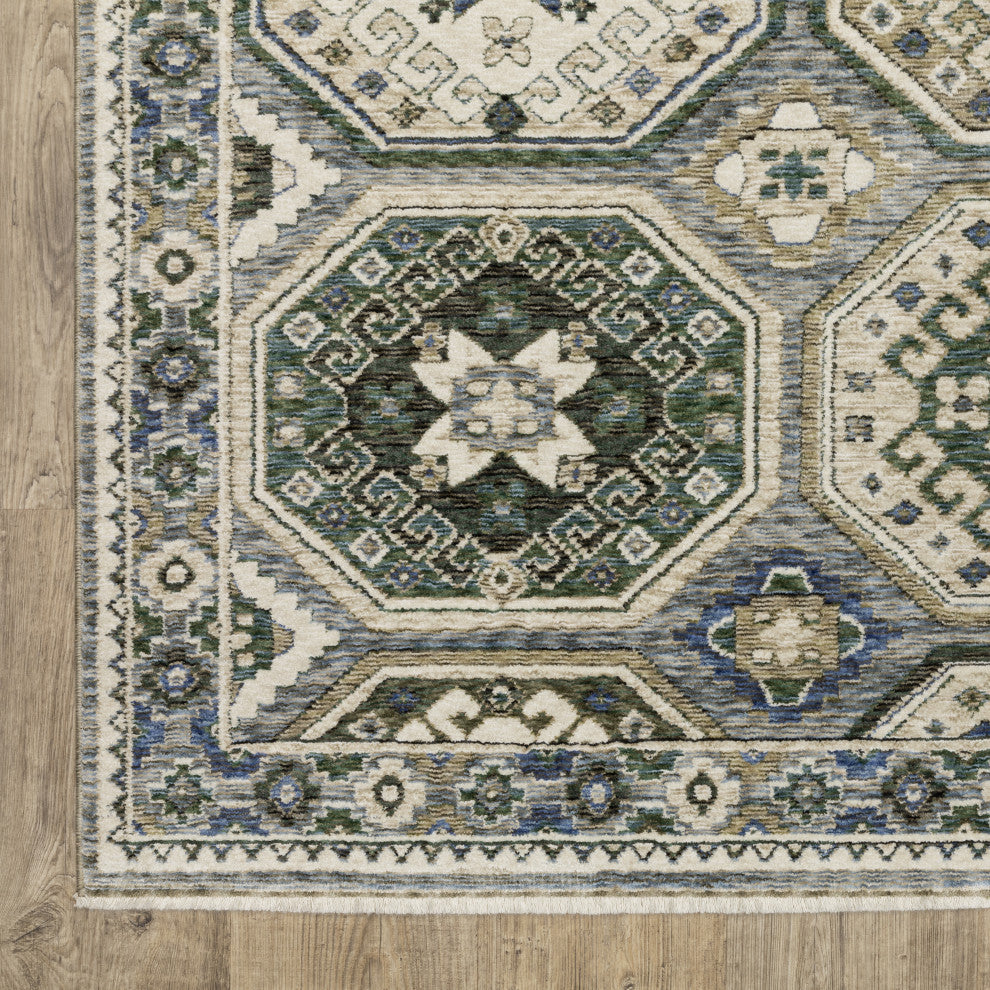 Hanford Panel Medallion Ivory/Blue Fringe Edge Area Rug 6'7" x 9'6"