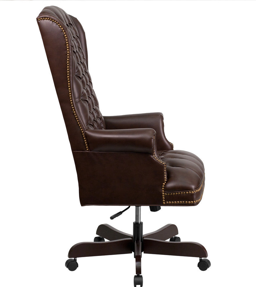 High Back Traditional Tufted Brown Leather Executive Swivel Chair With Arms